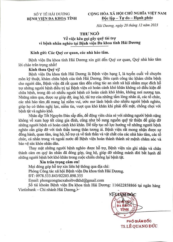 THƯ NGỎ: Về việc kêu gọi gây quỹ tài trợ vì bệnh nhân nghèo tại Bệnh viện Đa khoa tỉnh Hải Dương